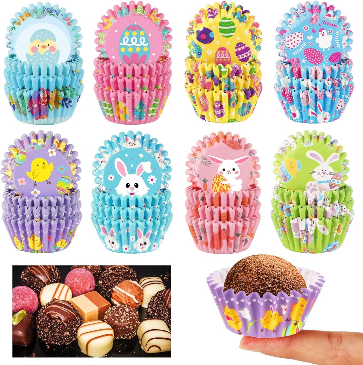 800-Count Mini Cupcake Liners Easter Design Bunny Chick Egg Flower Cupcake Papers Baking Candy Cups Cupcake Wrappers for Easter Spring Holiday Party Cake Candy Chocolate Making Supplies